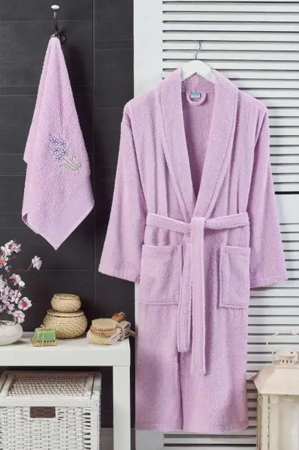 Kadın Havlulu Banyo Bornoz Takımı %100 Pamuklu Lila