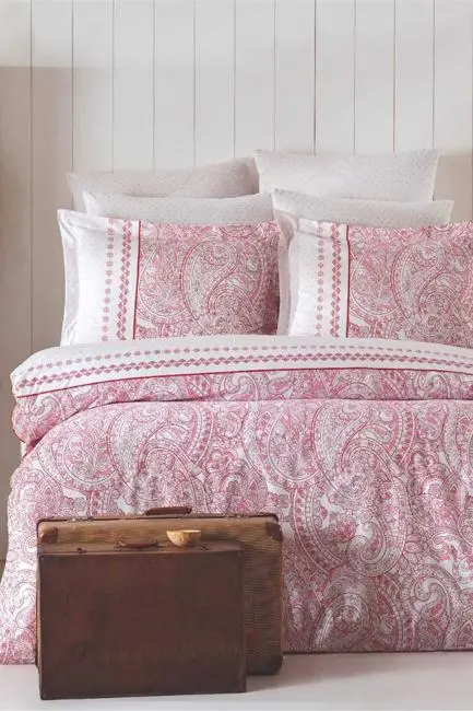 Çift Kişilik Nevresim Takımı Pamuklu Vintage Pembe Paisley