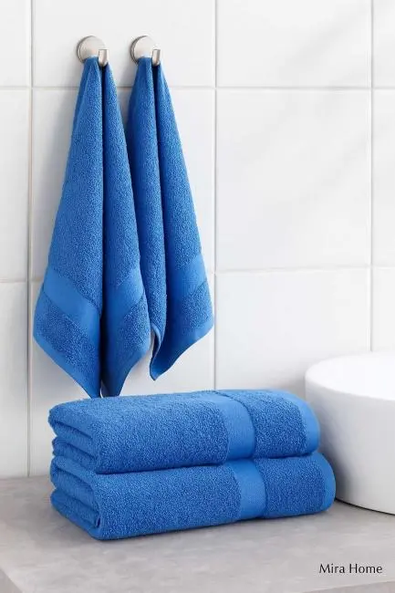 4 Parça Ekonomik Banyo Havlu Takımı %100 Pamuklu Quickdry Mavi Mavi