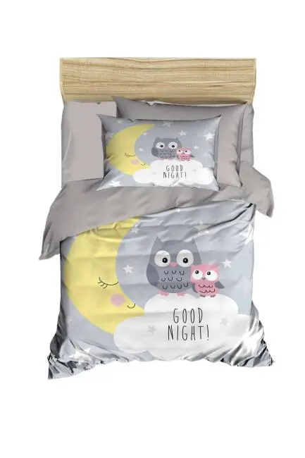 Yenidoğan Kız / Erkek Unisex Bebek Nevresim Takımı %100 Pamuklu Good Night Gri