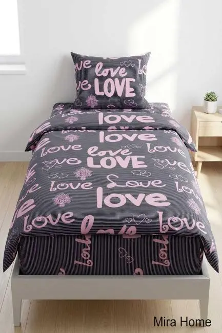 Love Yazılı Pamuklu Lastikli Çarşaflı Tek Kişilik Nevresim Takımı (100x200 Cm)