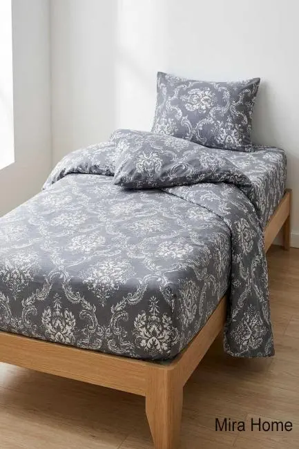 Vintage Desen Pamuklu Lastikli Çarşaflı Tek Kişilik Nevresim Takımı  Gri 100x200 Cm